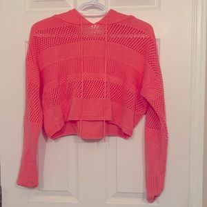 Garage bright pink knot sheer cropped hooded sweater